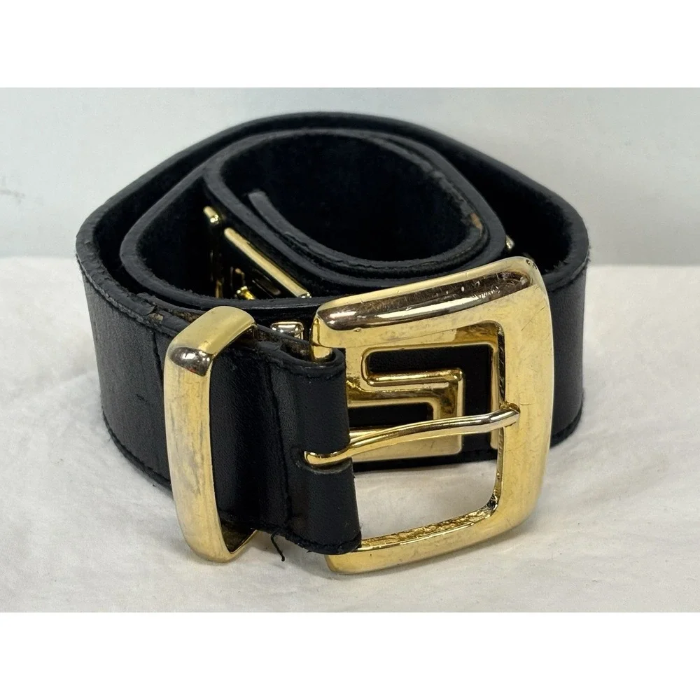 Vtg Express Black Leather Belt Gold Greek Key Sz Small Women's Maximalist Y2K